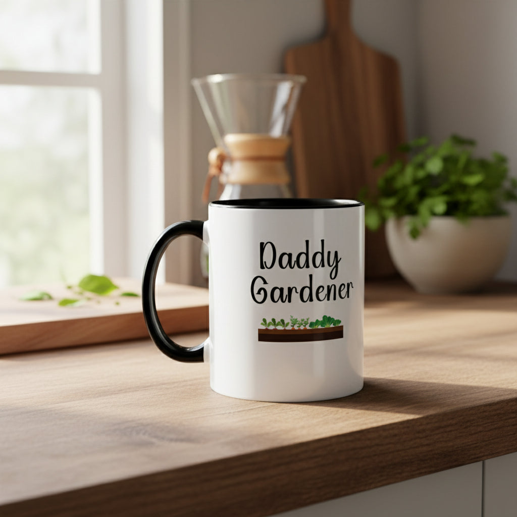 White mug with black handle and 'Daddy Gardener' text on a beige background