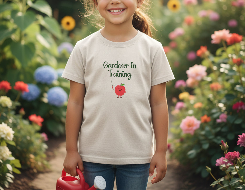 White t-shirt with 'Gardener in Training' text and tomato graphic on a beige background