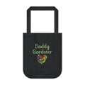 Black tote bag with 'Daddy Gardener' text and heart design on a white background