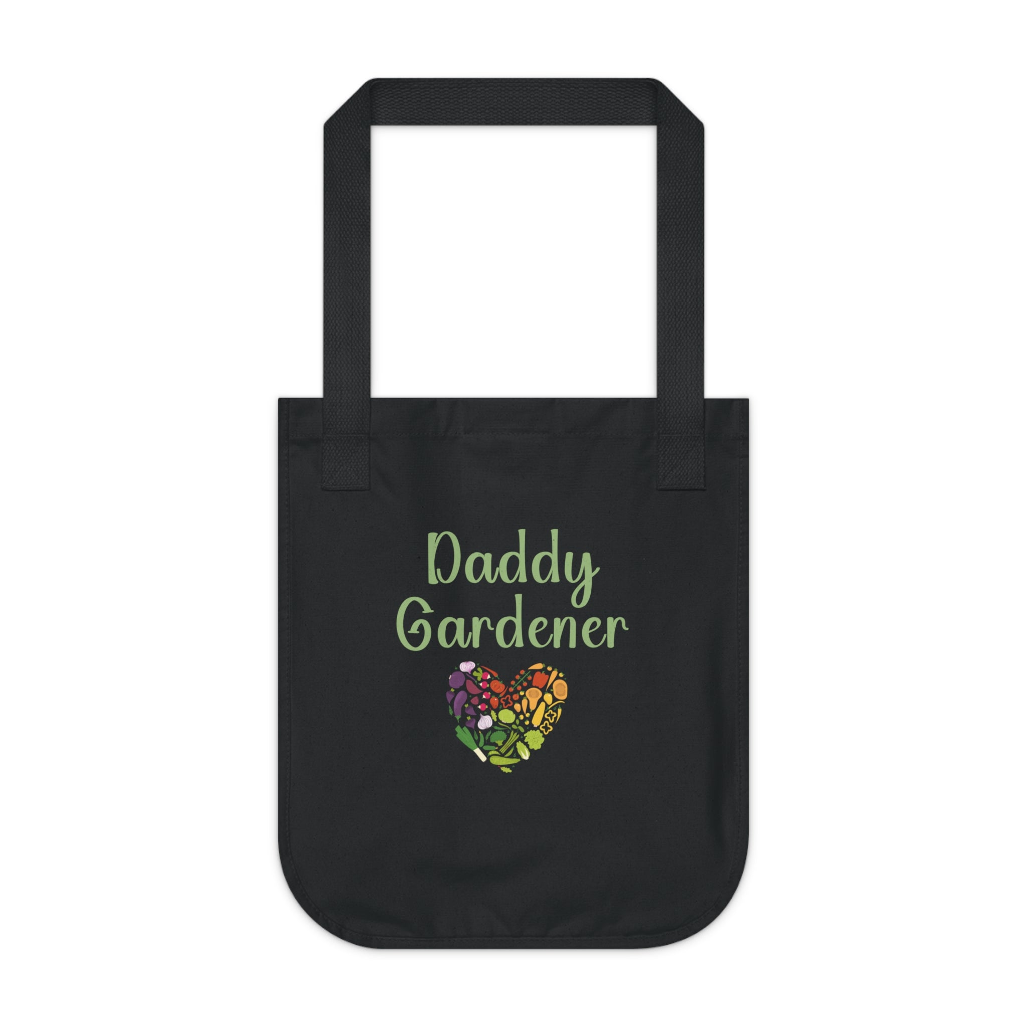Black tote bag with 'Daddy Gardener' text and heart design on a white background