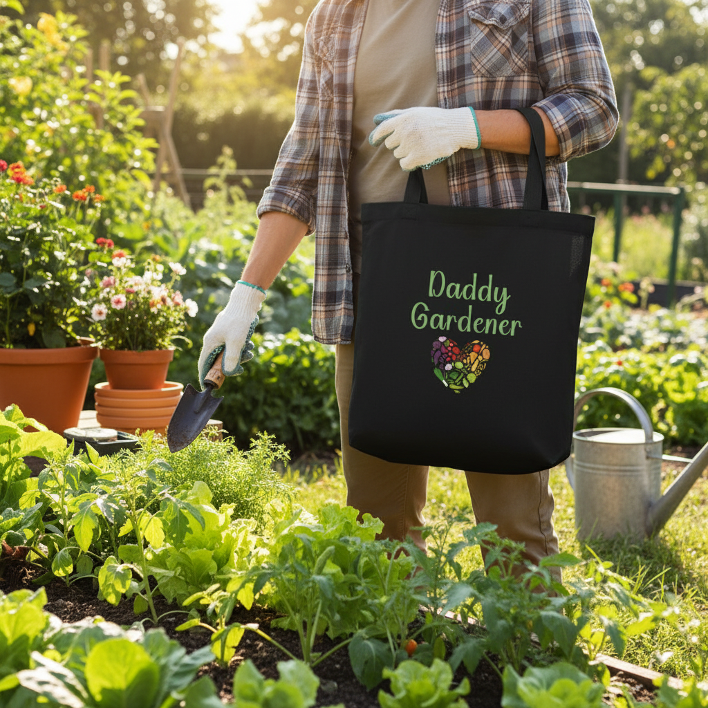 Person holding a navy tote bag with 'Daddy Gardener' text in a garden setting