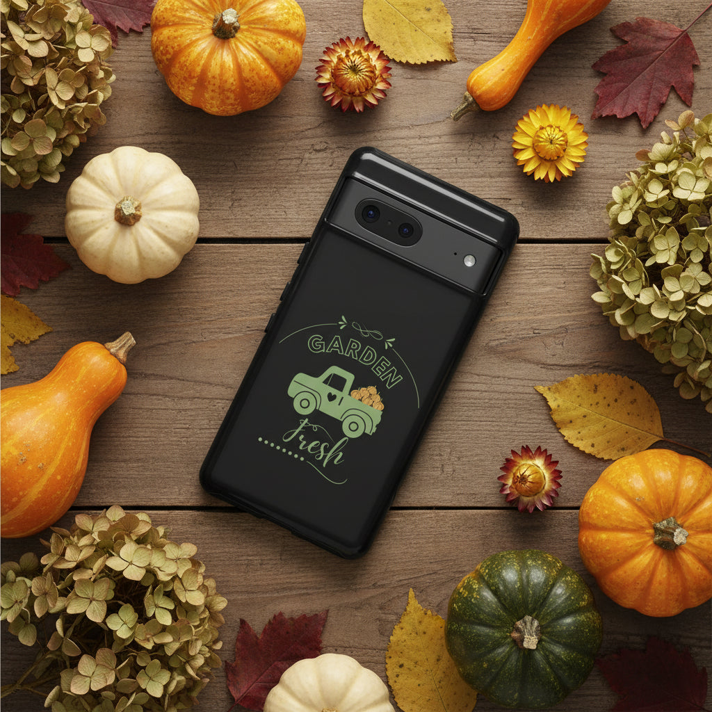 Phone case with a truck and 'Garden Fresh' text on a black background