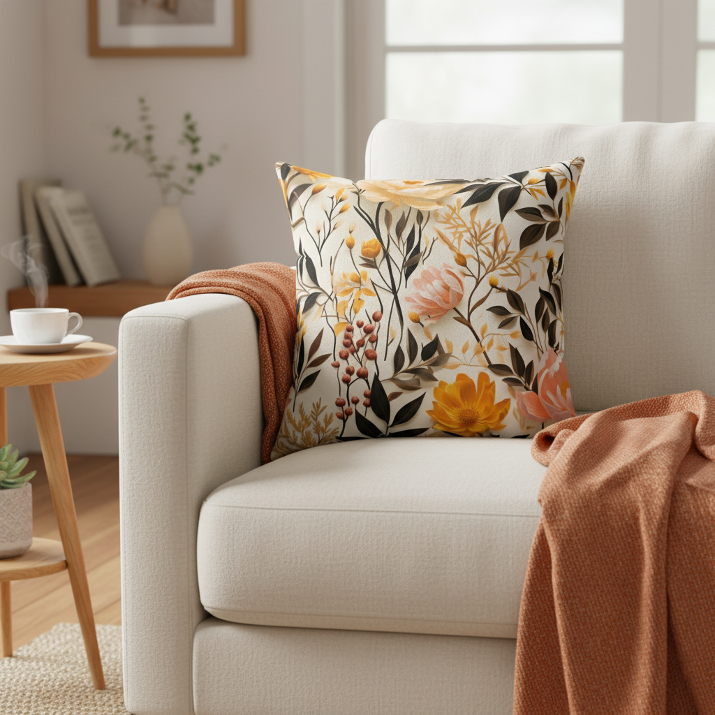 Floral pillow on a beige sofa with a side table and decor in a living room.