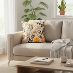 Beige sofa with a floral pillow and a coffee table with a book and mug in a bright living room.