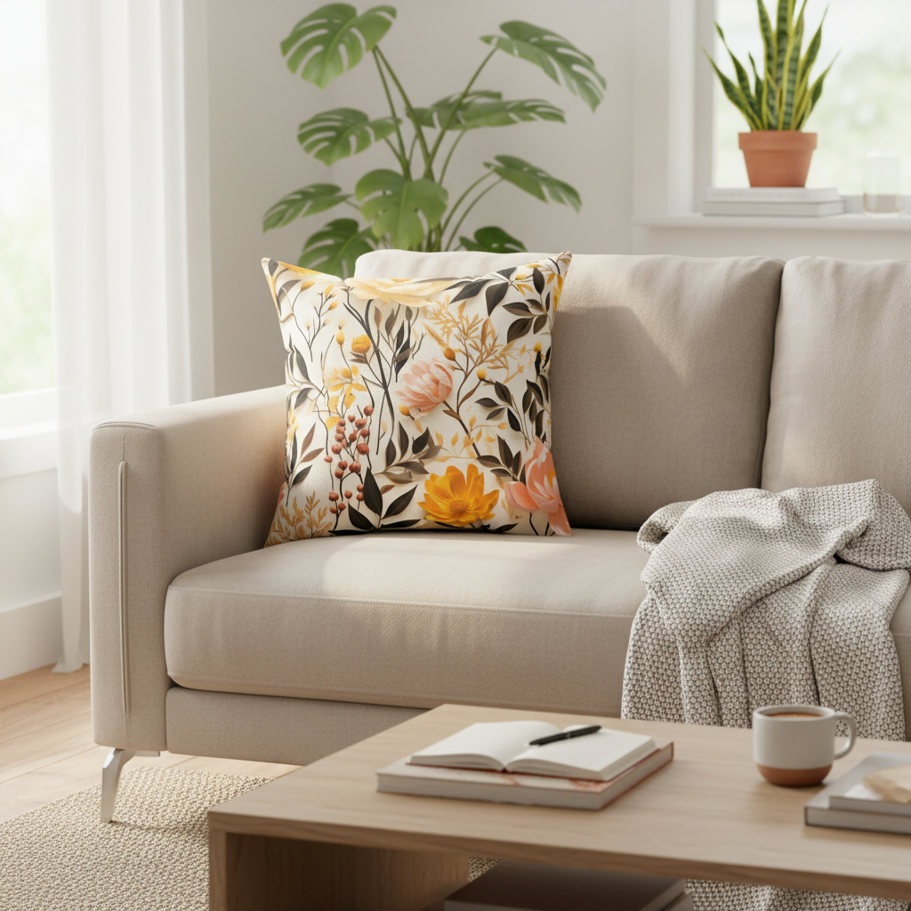 Beige sofa with a floral pillow and a coffee table with a book and mug in a bright living room.