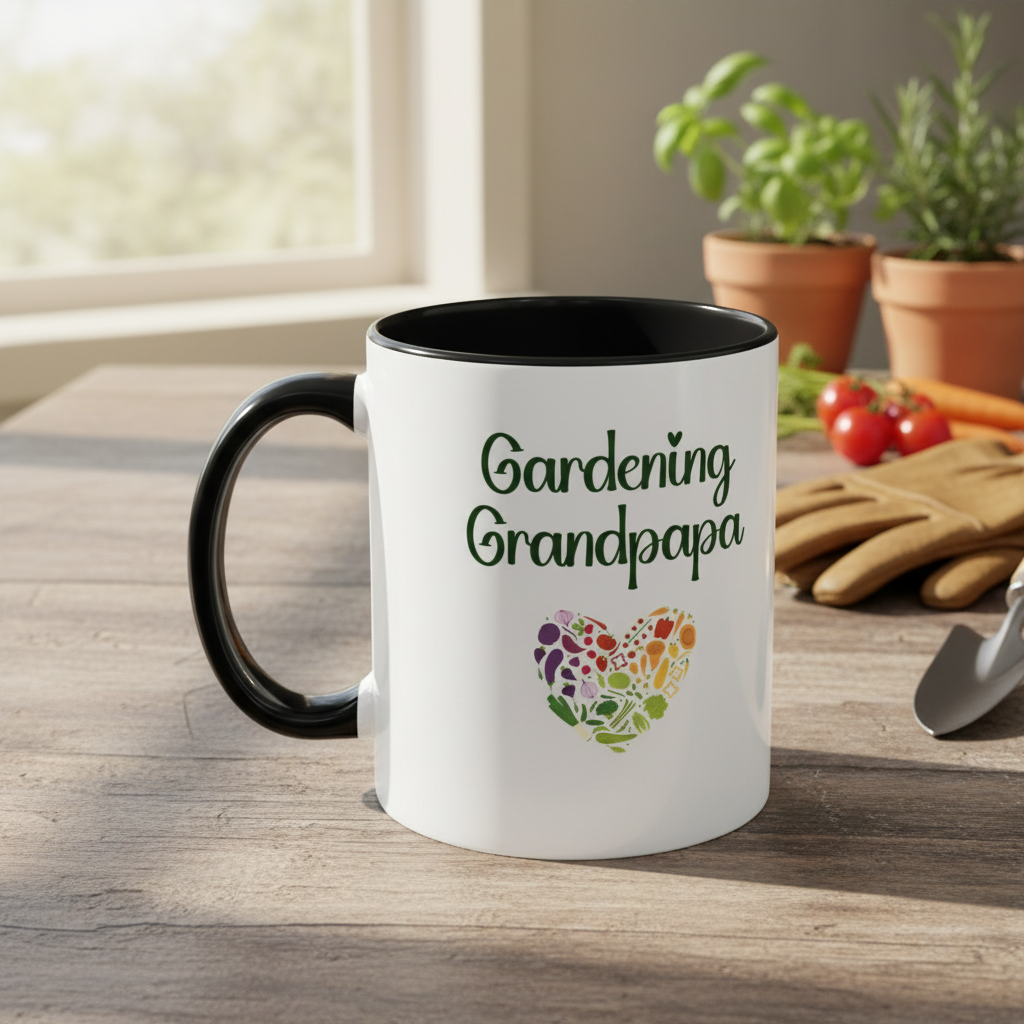 Mug with 'Gardening Grandpapa' text and heart design on a wooden table with gardening items.
