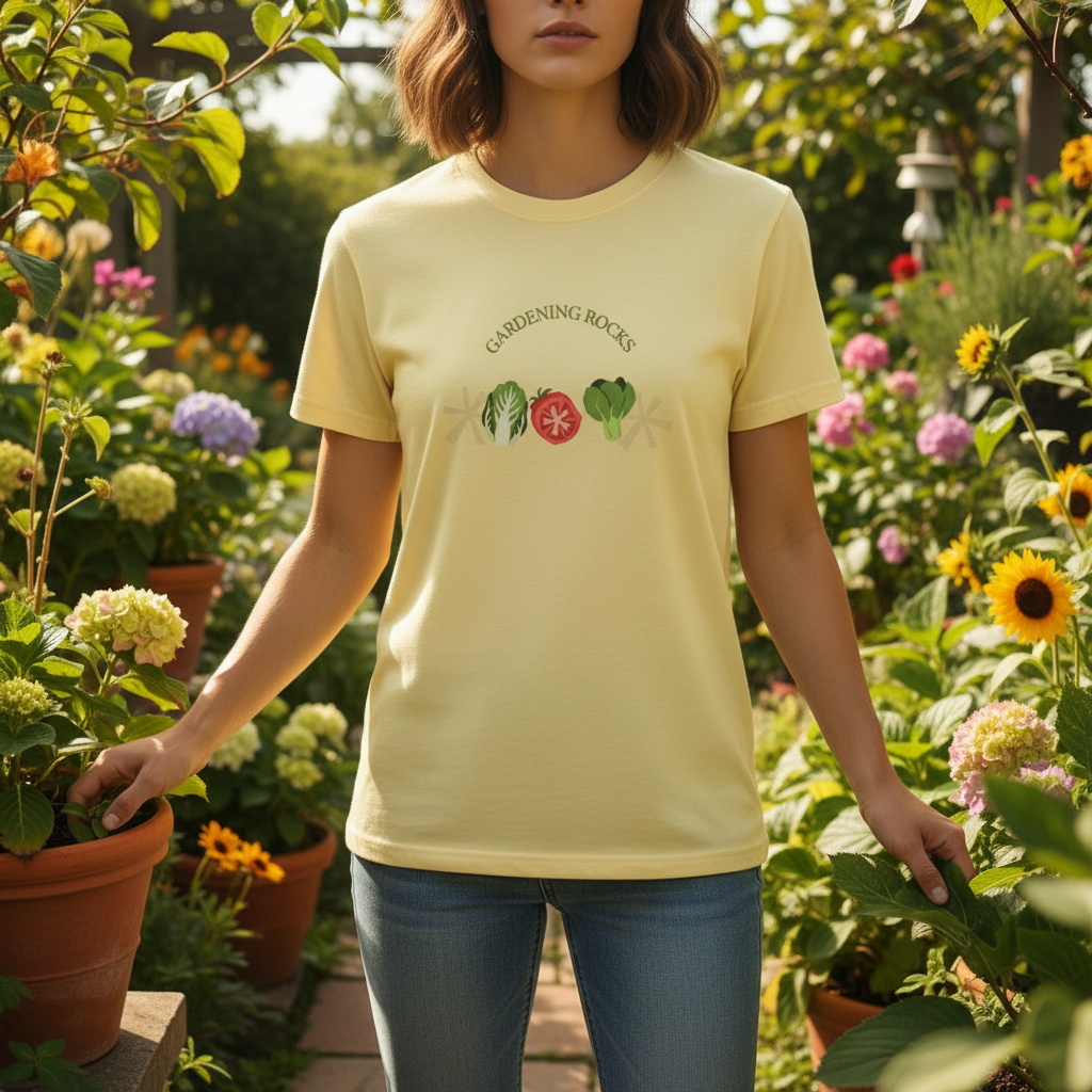 Person wearing a yellow t-shirt with gardening-themed design in a garden setting