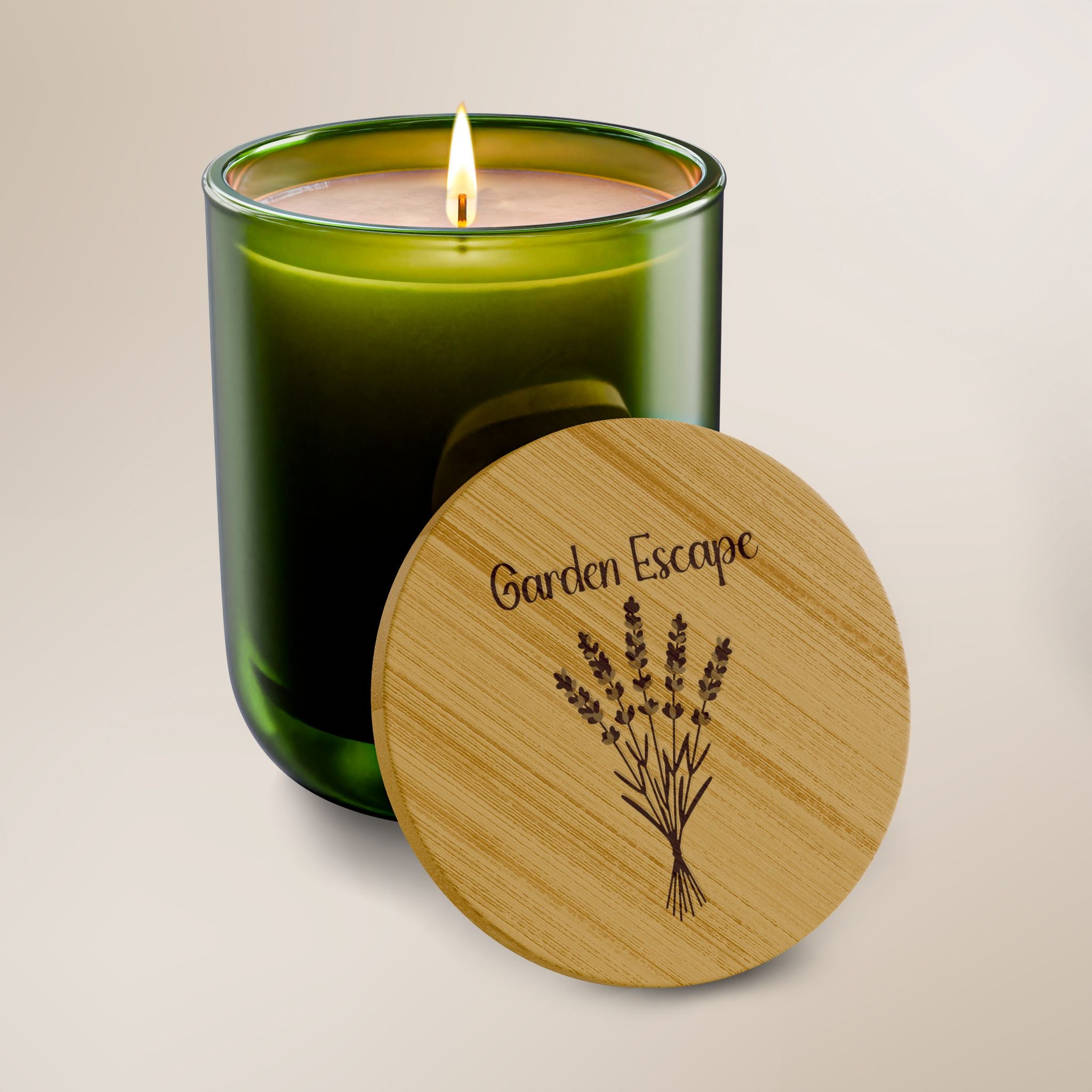 Green candle with wooden lid labeled 'Garden Escape' on a beige background