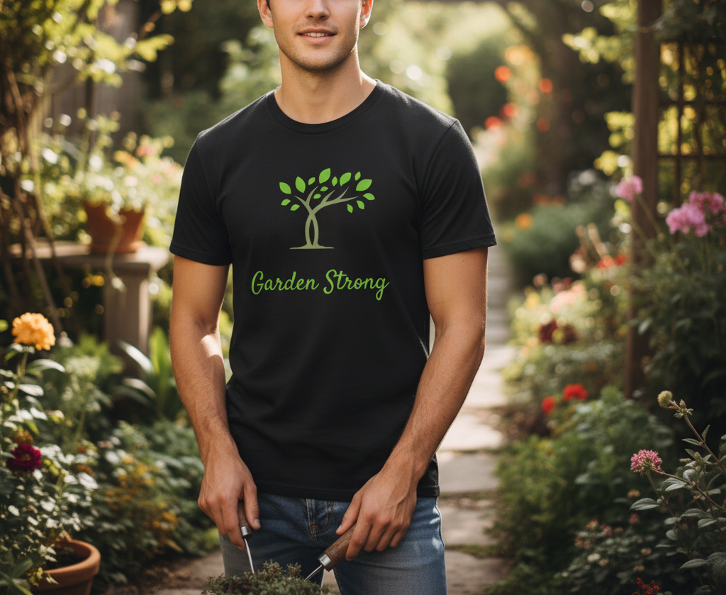 Man wearing a black t-shirt with 'Garden Strong' design in a garden setting