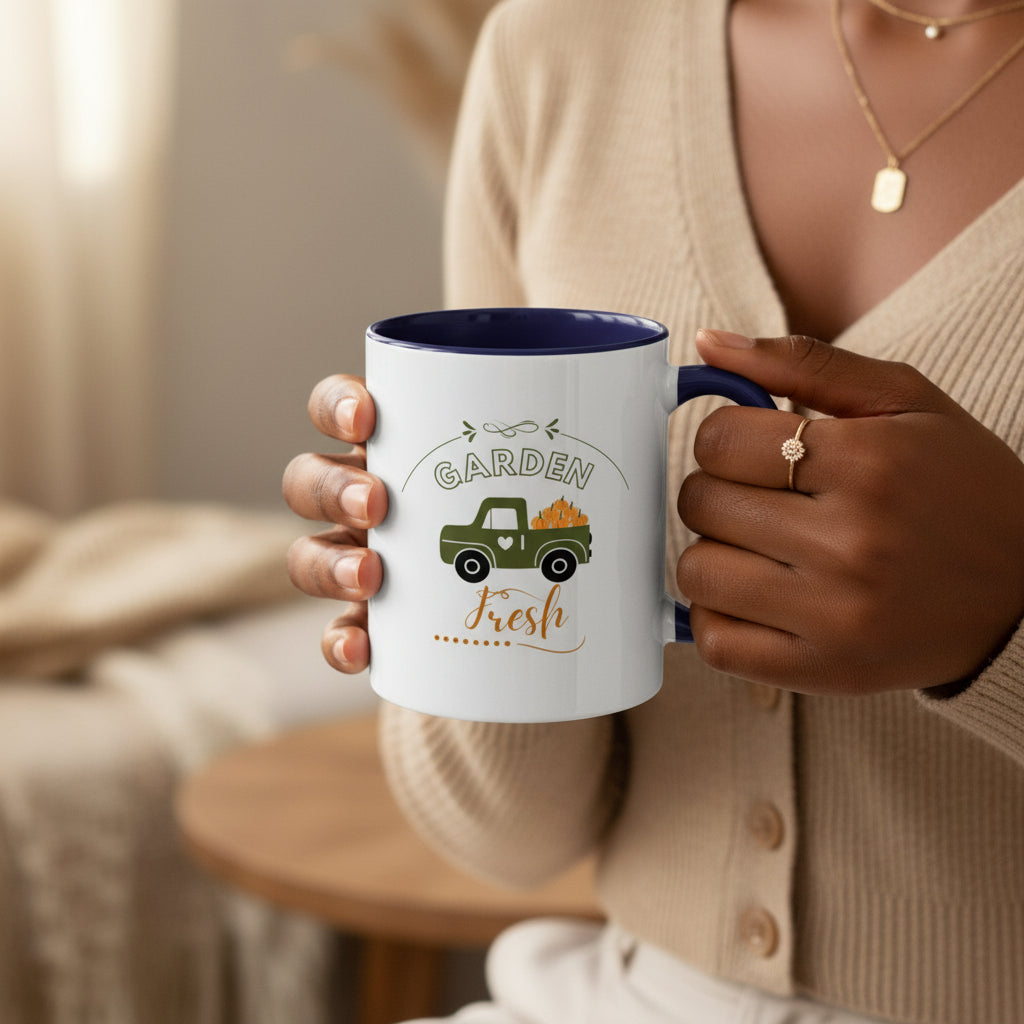 White mug with purple interior and handle featuring a green truck and 'Garden Fresh' text on a beige background