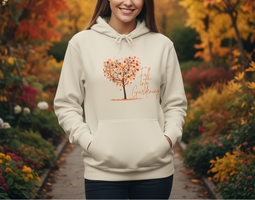Person wearing a beige hoodie with a tree design and text in an autumn garden.