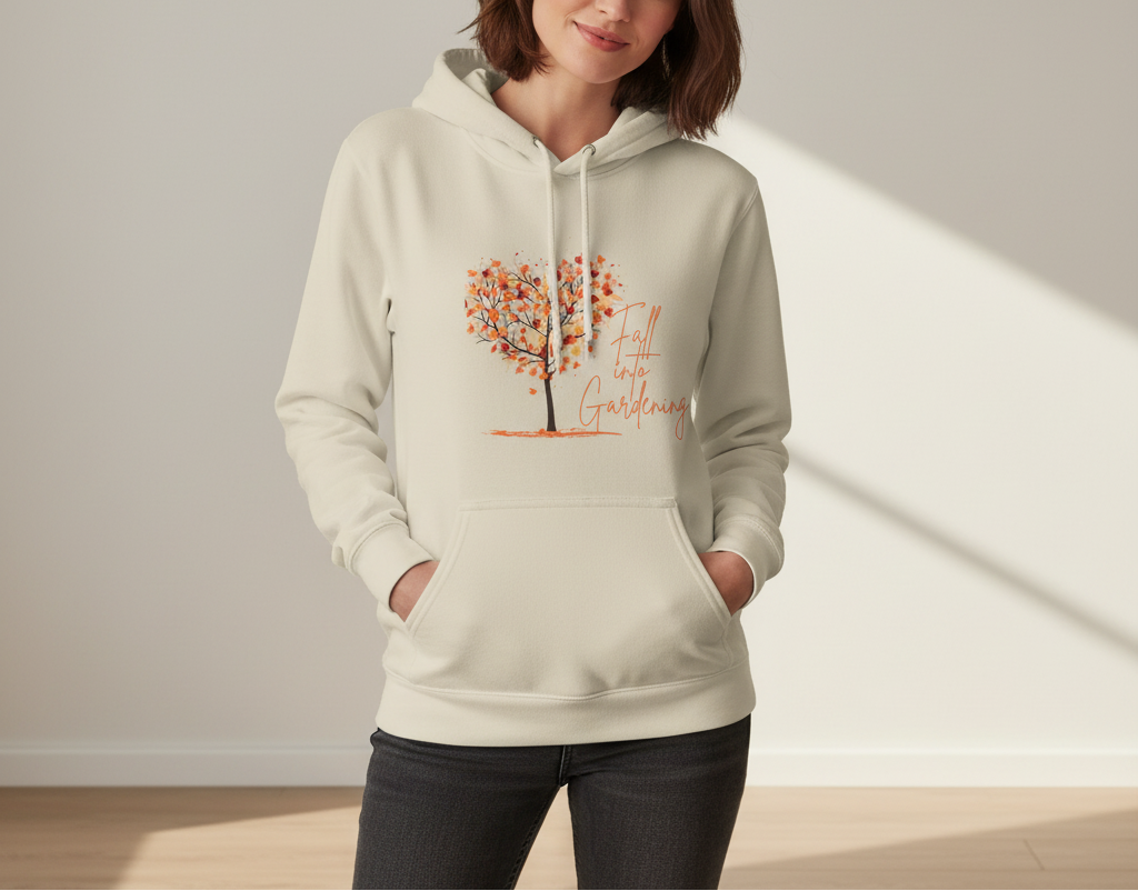 Person wearing a beige hoodie with a tree design and text on a plain background