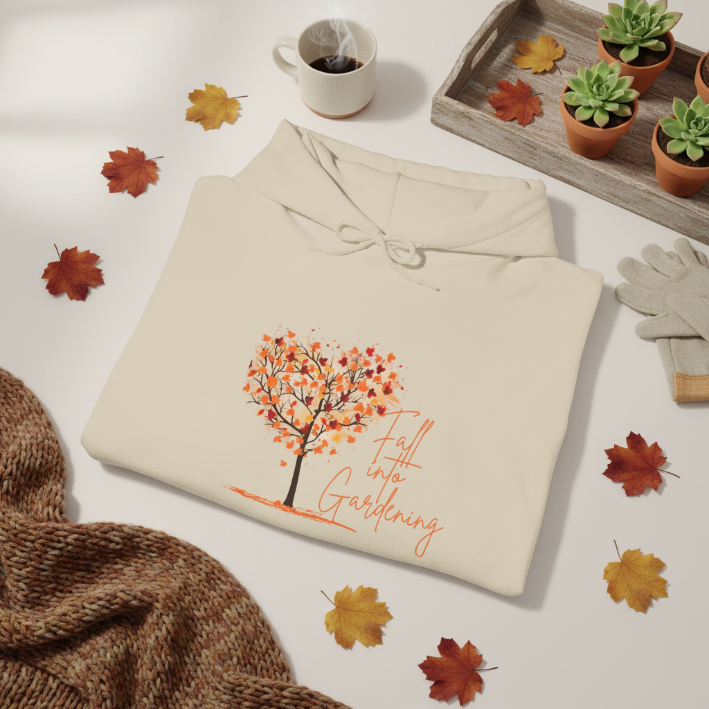 Beige hoodie with autumn-themed design on a table with fall leaves and gardening items.