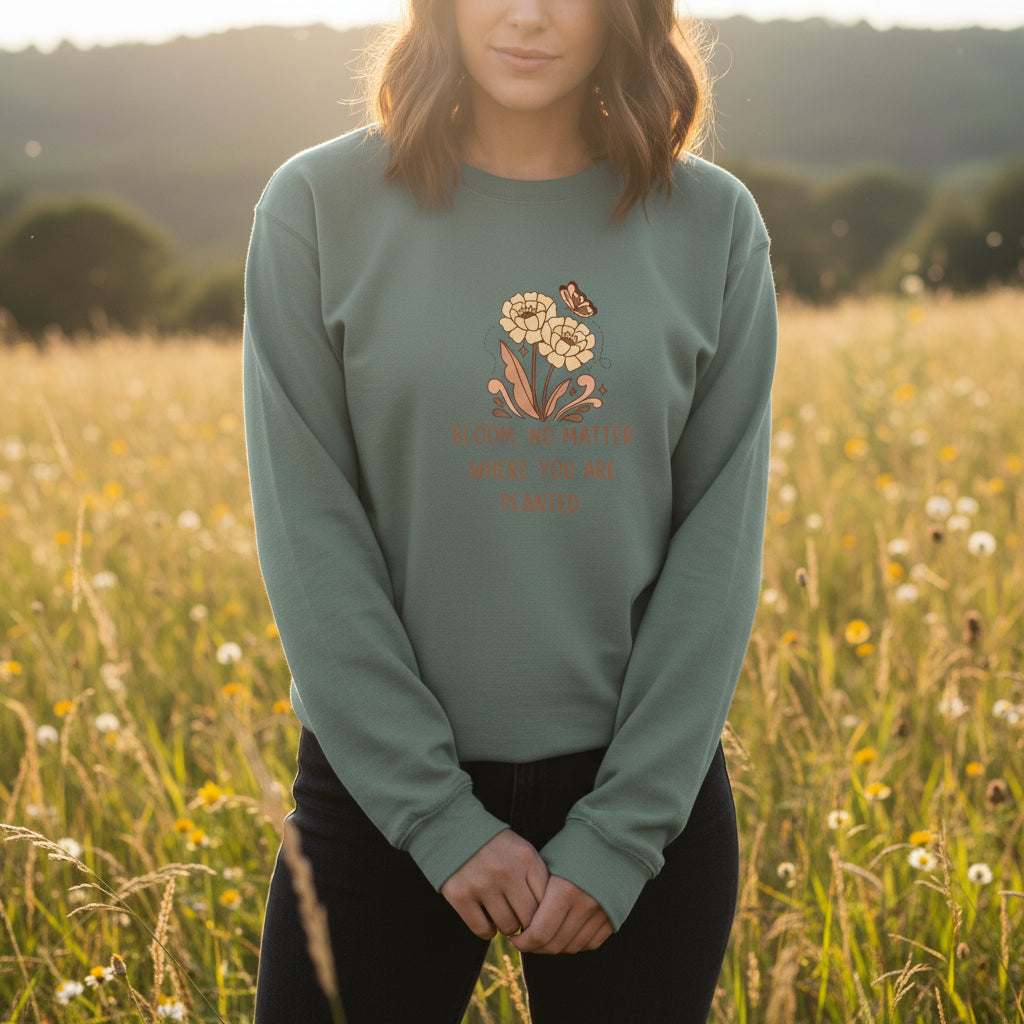 Long-sleeve shirt with floral design and text on a beige background