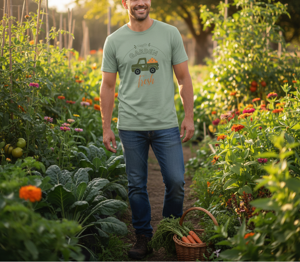 Man walking through a garden holding a basket of carrots, wearing a green t-shirt with a graphic design.