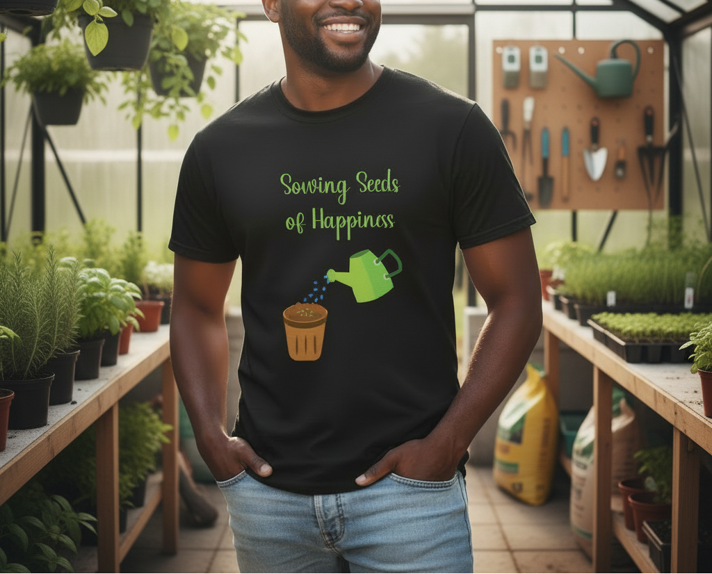 Man wearing a black t-shirt with a gardening graphic and text in a greenhouse setting