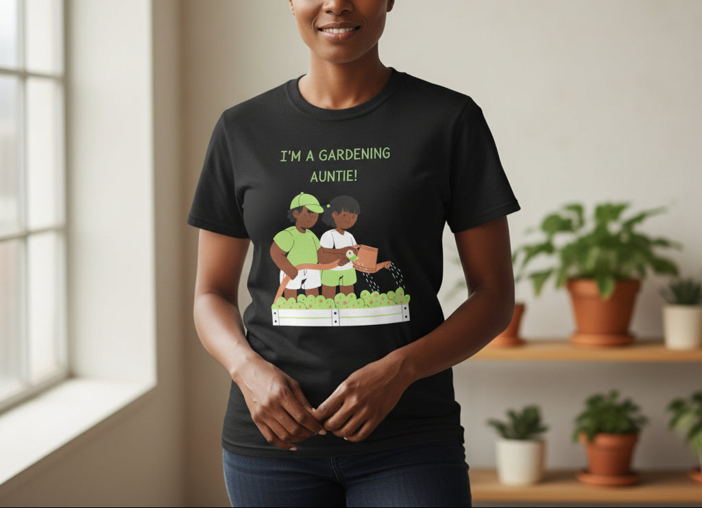 Black t-shirt with graphic of two children gardening and text 'I'm a gardening auntie!' on a beige background