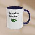 Mug with 'Grandpa Gardener' text and leaf illustration on a beige background