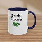Mug with 'Grandpa Gardener' text and leaf illustration on a beige background