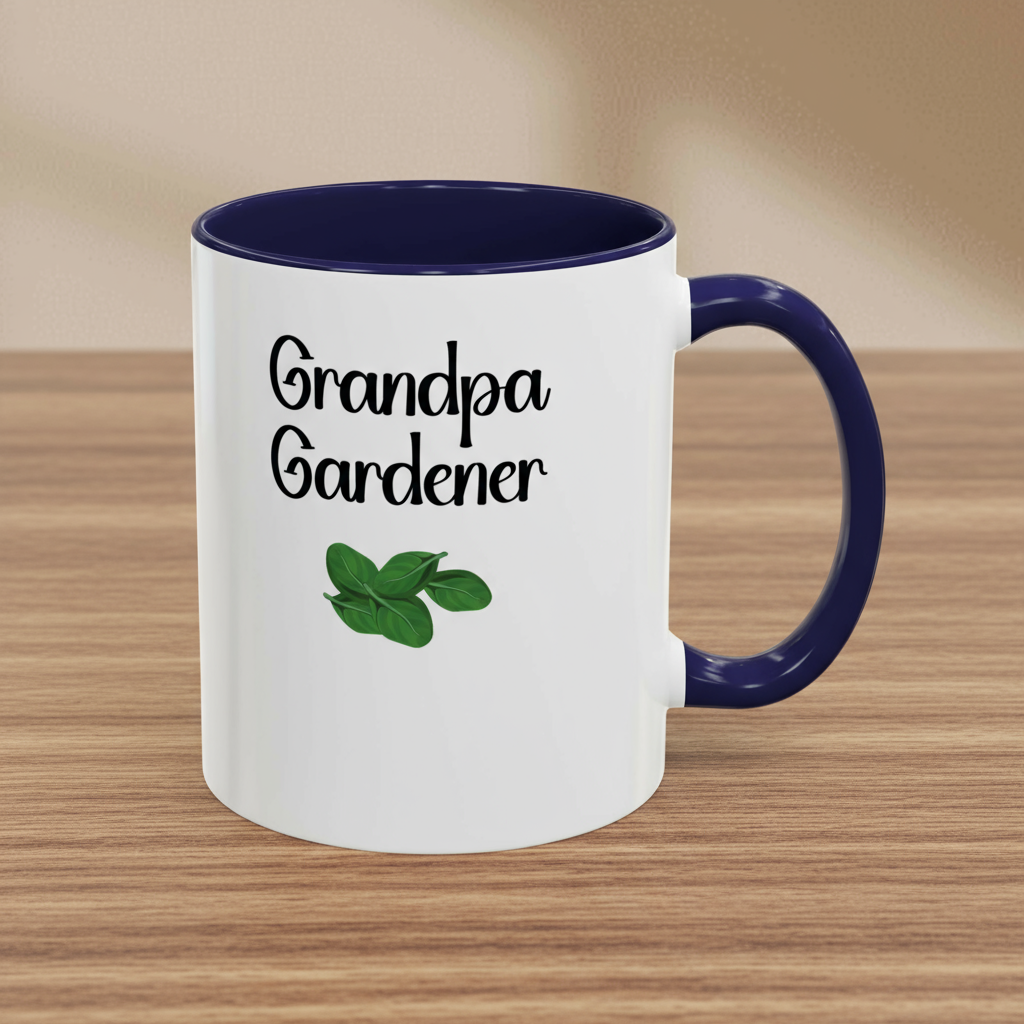 Mug with 'Grandpa Gardener' text and leaf illustration on a beige background