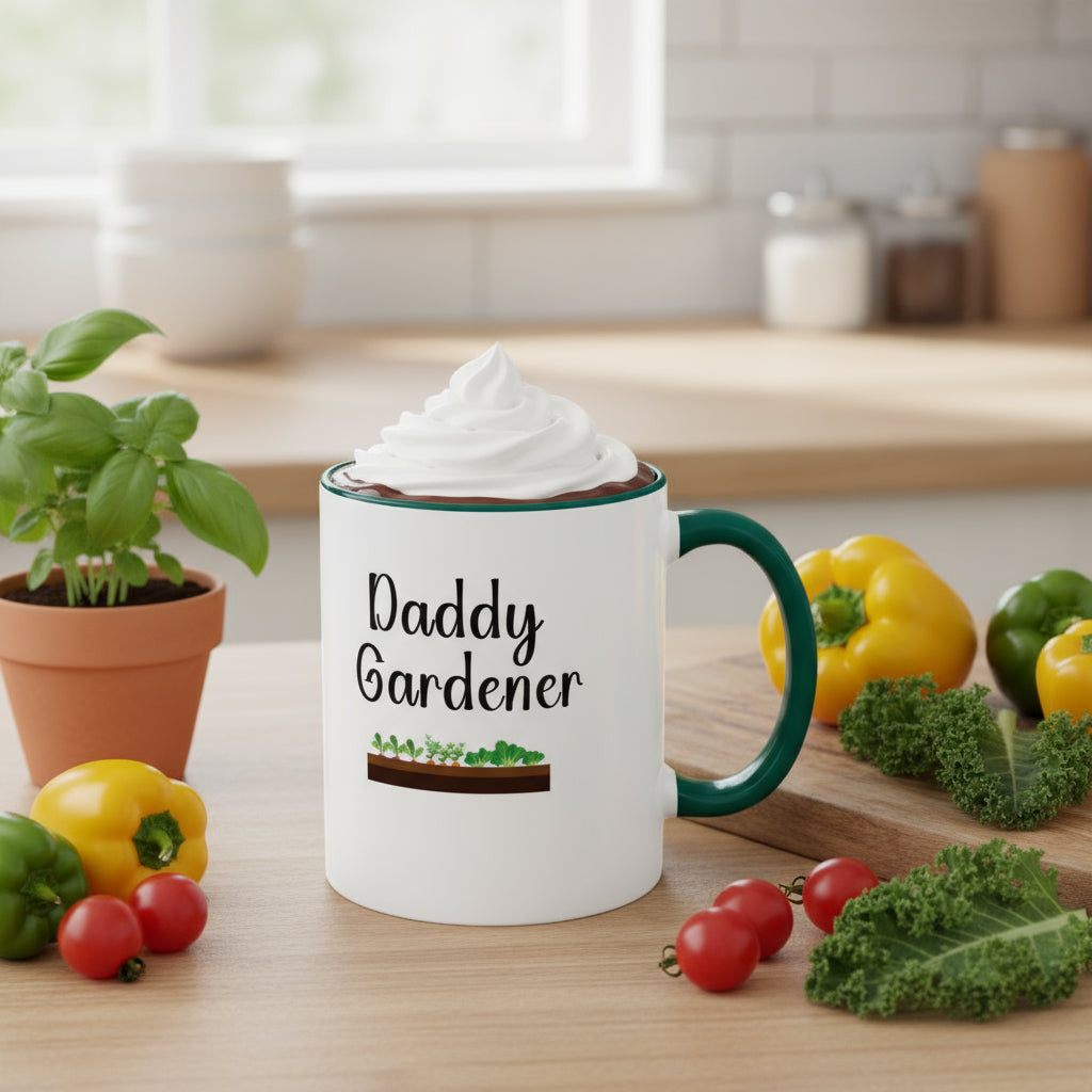 Mug with 'Daddy Gardener' text and garden illustration on a beige background