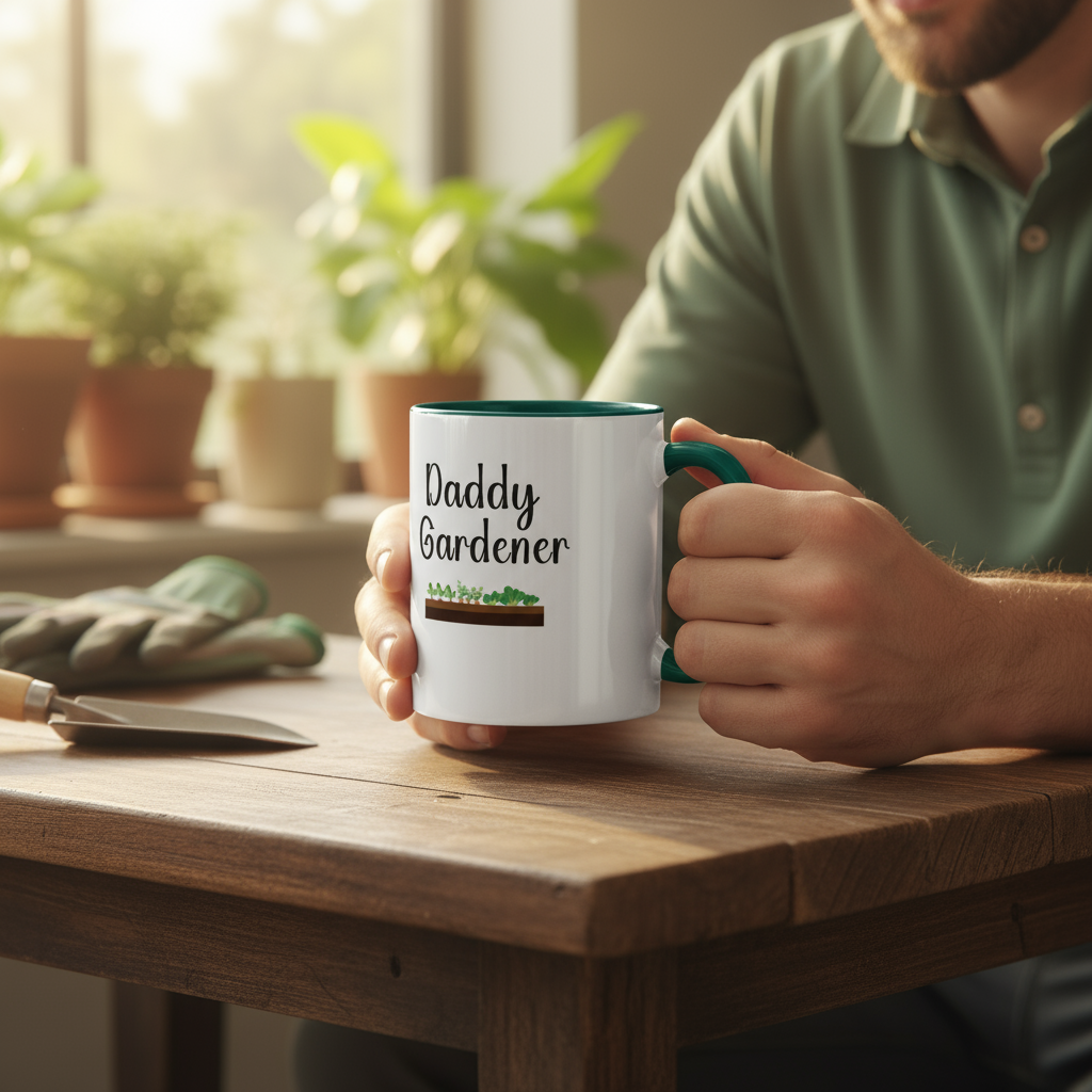 Person holding a mug with 'Daddy Gardener' text in a home setting with plants.