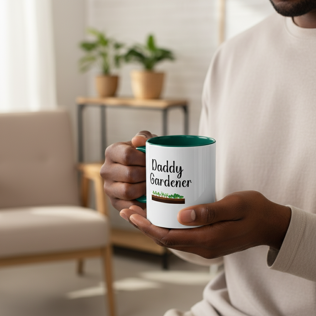 Person holding a mug with 'Daddy Gardener' text in a home setting