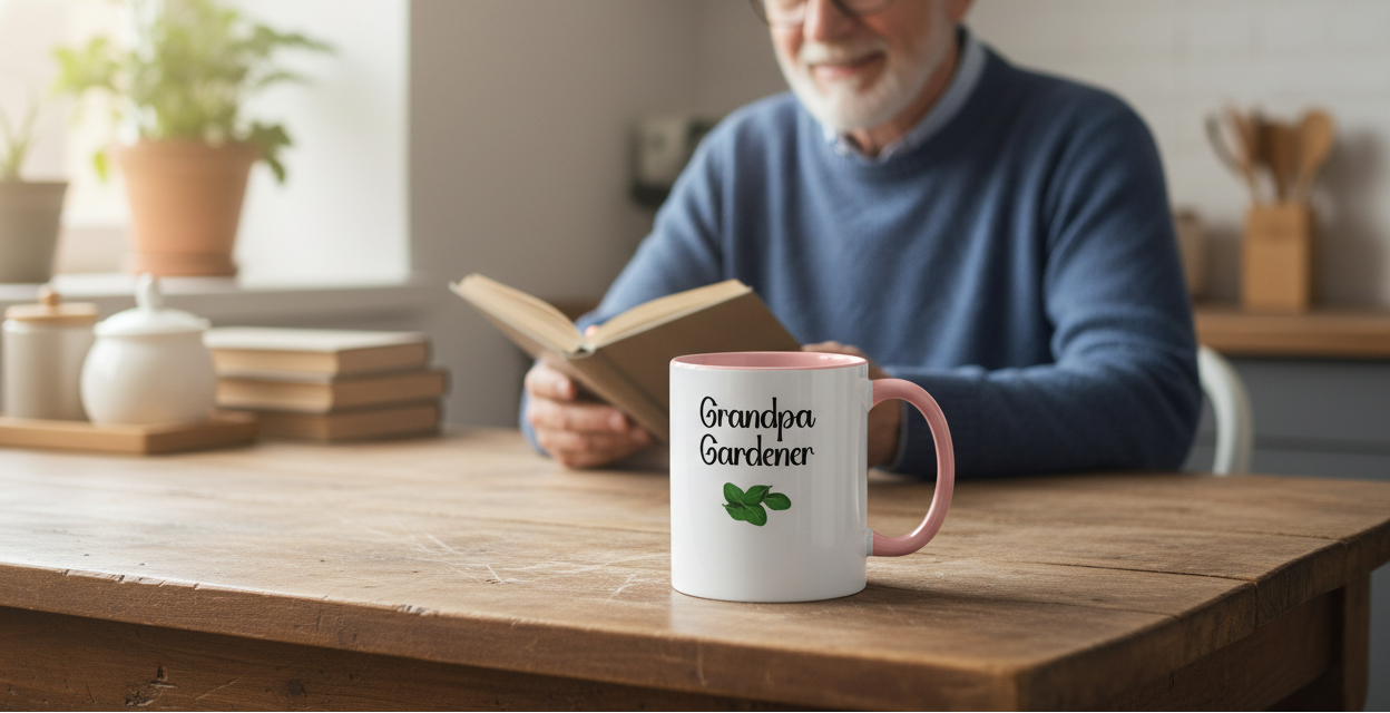 Man reading a book with a mug labeled 'Grandpa Gardener' on a wooden table.