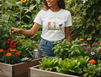 Beige t-shirt with children gardening graphic and text on a beige background