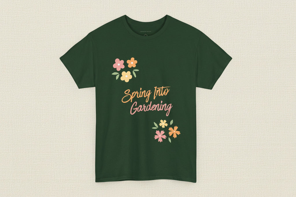 Green t-shirt with 'Spring Into Gardening' text and floral designs on a white background