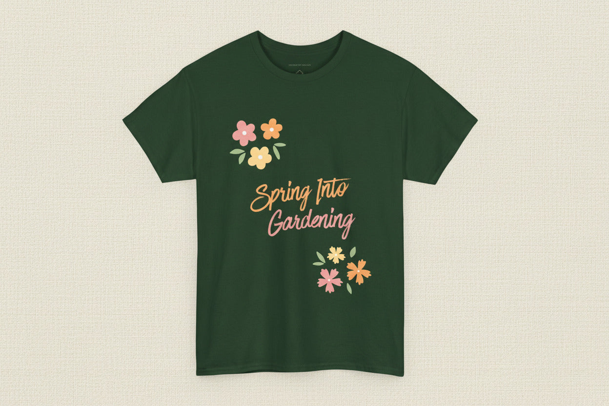Green t-shirt with 'Spring Into Gardening' text and floral designs on a white background