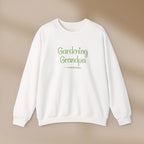 White sweatshirt with 'Gardening Grandpa' text on a beige background