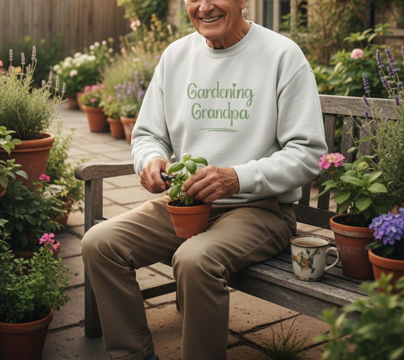 Man sitting on a bench in a garden wearing a 'Gardening Grandpa' sweatshirt, surrounded by potted plants.