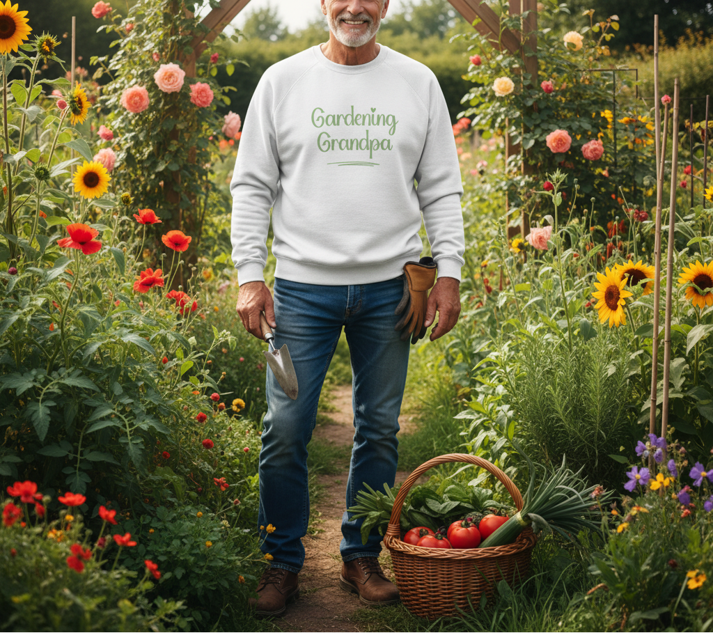 Man in a garden wearing a 'Gardening Grandpa' sweatshirt with a basket of vegetables.
