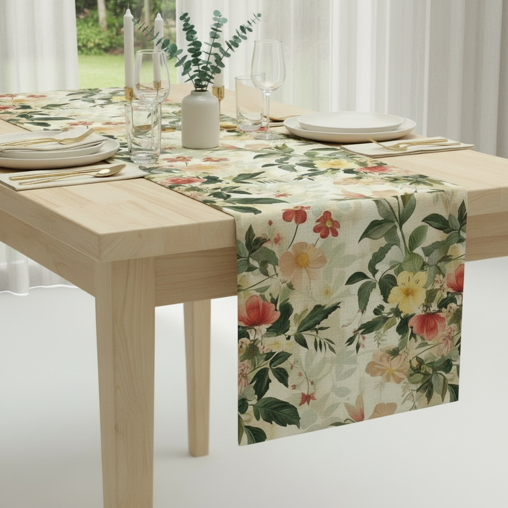 Dining table set with a floral table runner, plates, glasses, and cutlery.