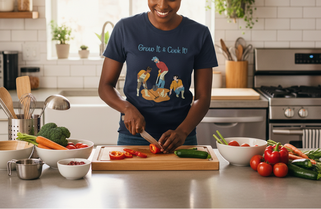 Person in a kitchen preparing food with a t-shirt featuring cartoon characters.