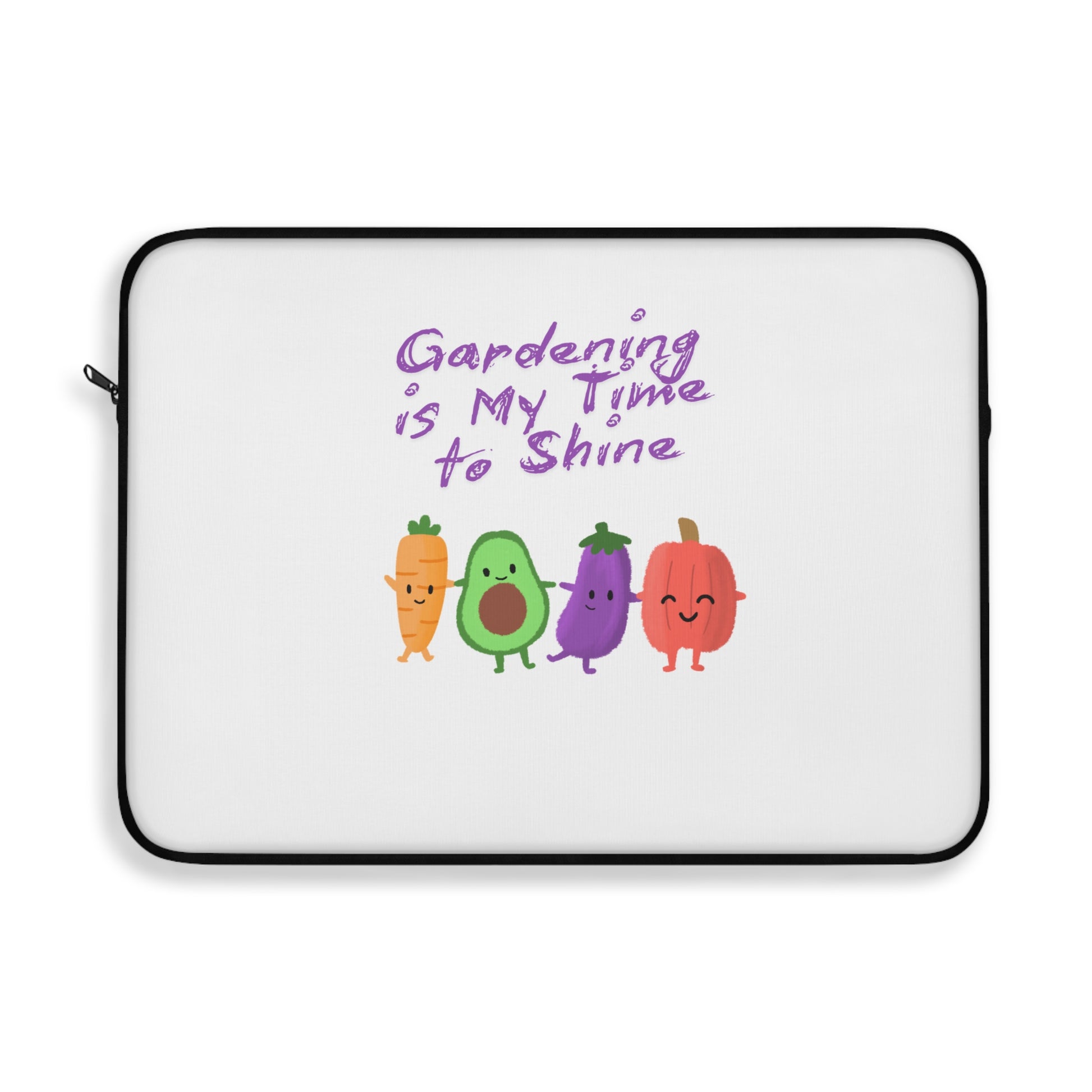 Laptop sleeve with cartoon vegetables and text 'Gardening is My Time to Shine' on a white background
