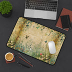 Desk setup with a floral mouse pad, laptop, notebook, and coffee cup on a dark surface.