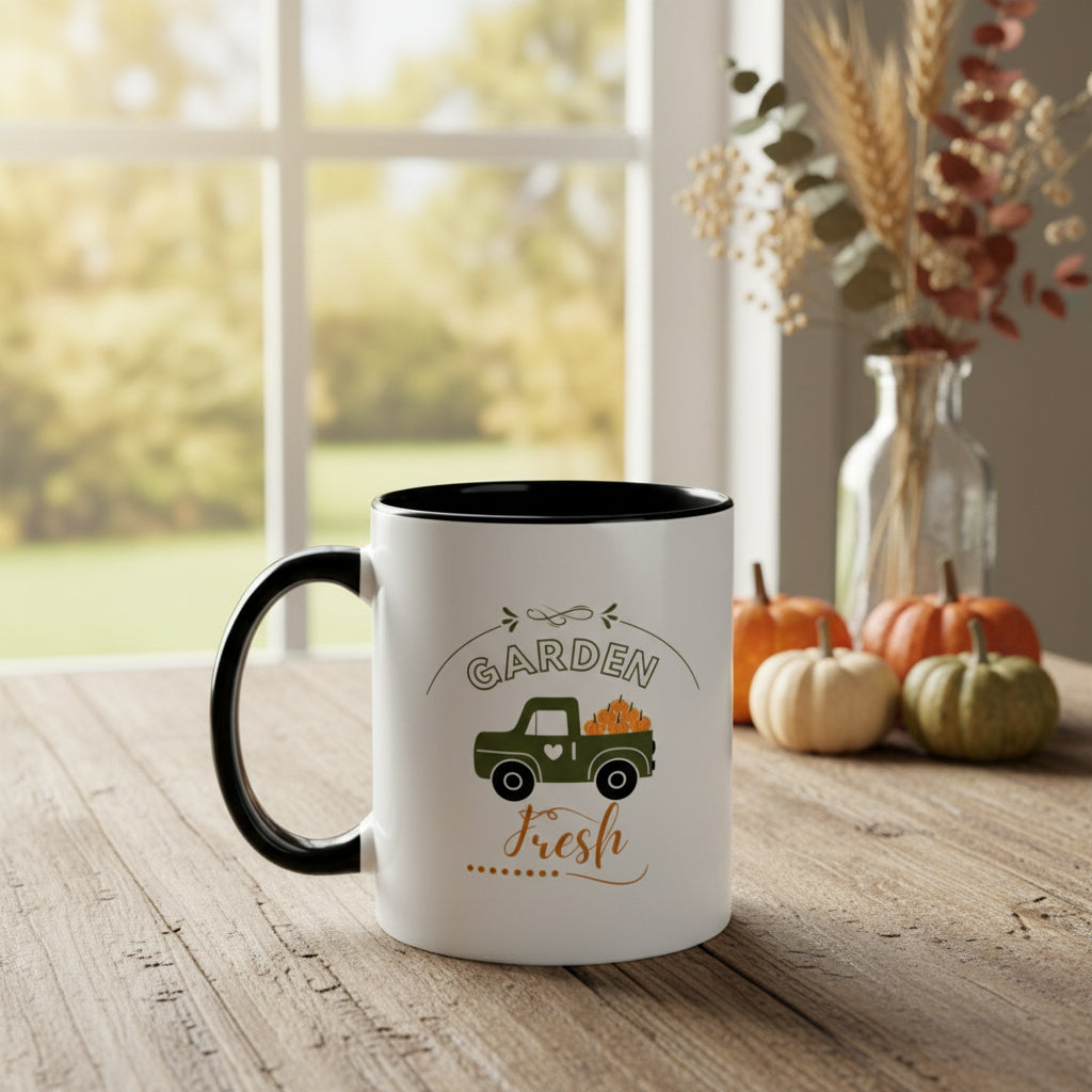 White mug with black handle featuring a green truck and pumpkins design on a beige background