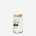 Glass tumbler with straw and wooden lid featuring a truck and 'Garden Fresh' text on a white background.