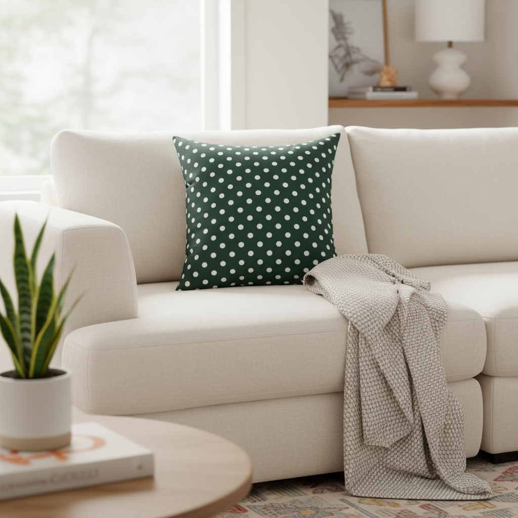 Beige sectional sofa with a green polka dot pillow and gray blanket in a living room setting.