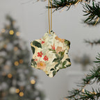 Decorative floral ornament hanging on a tree branch with a blurred festive background.