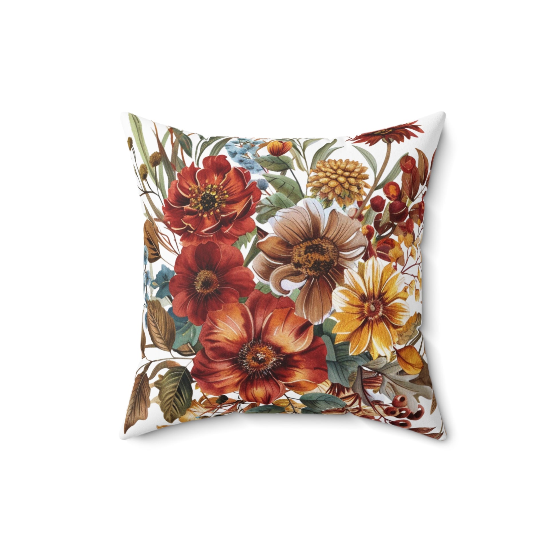 Floral-patterned pillow with autumn colors on a white background