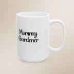 White mug with 'Mommy Gardener' text on a beige background