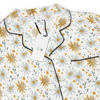 Floral patterned pajama set with a tag on a white background