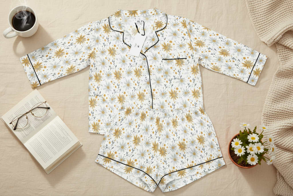 Floral pajama set on a wooden surface with a cup of coffee, book, and plant.