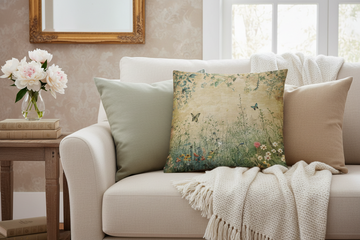 Beige sofa with decorative pillows and a blanket, next to a small table with flowers and a mirror.