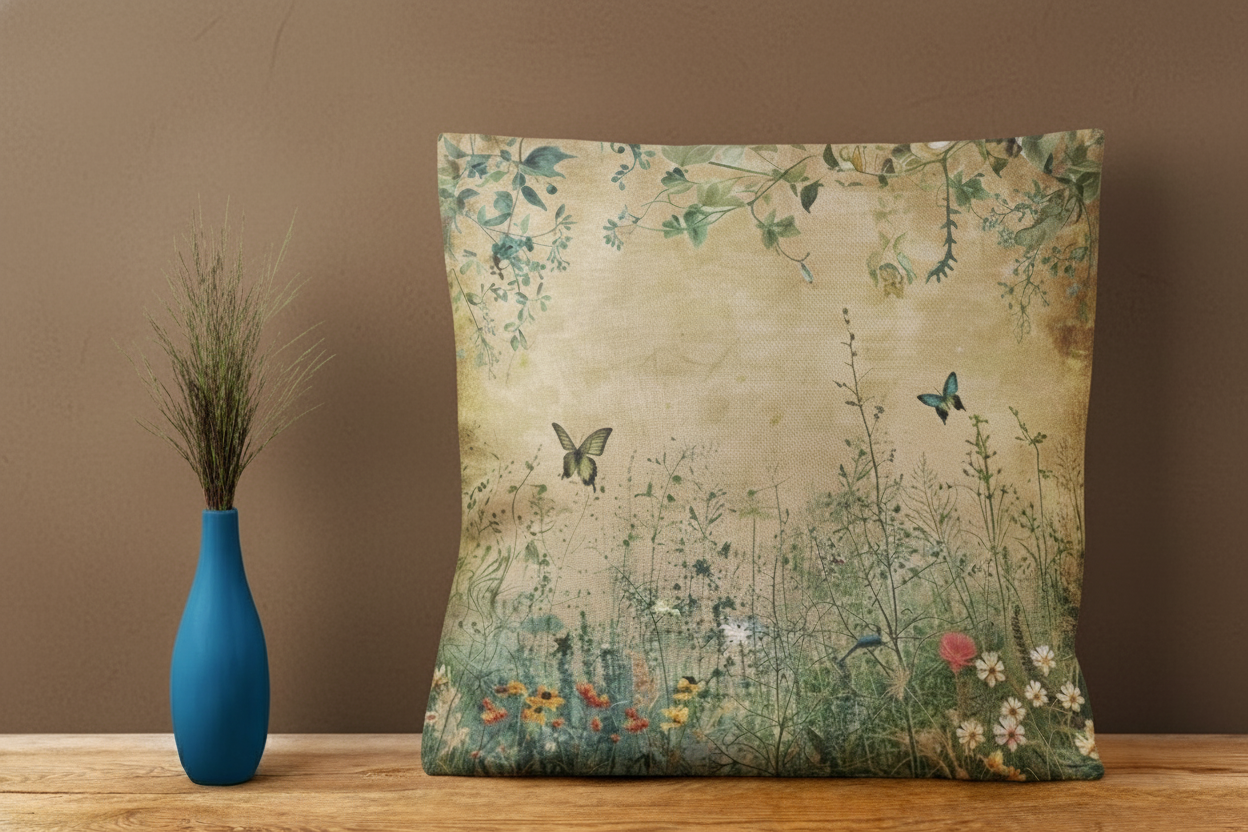 Decorative pillow with nature-themed design on a wooden surface with a white brick wall background.