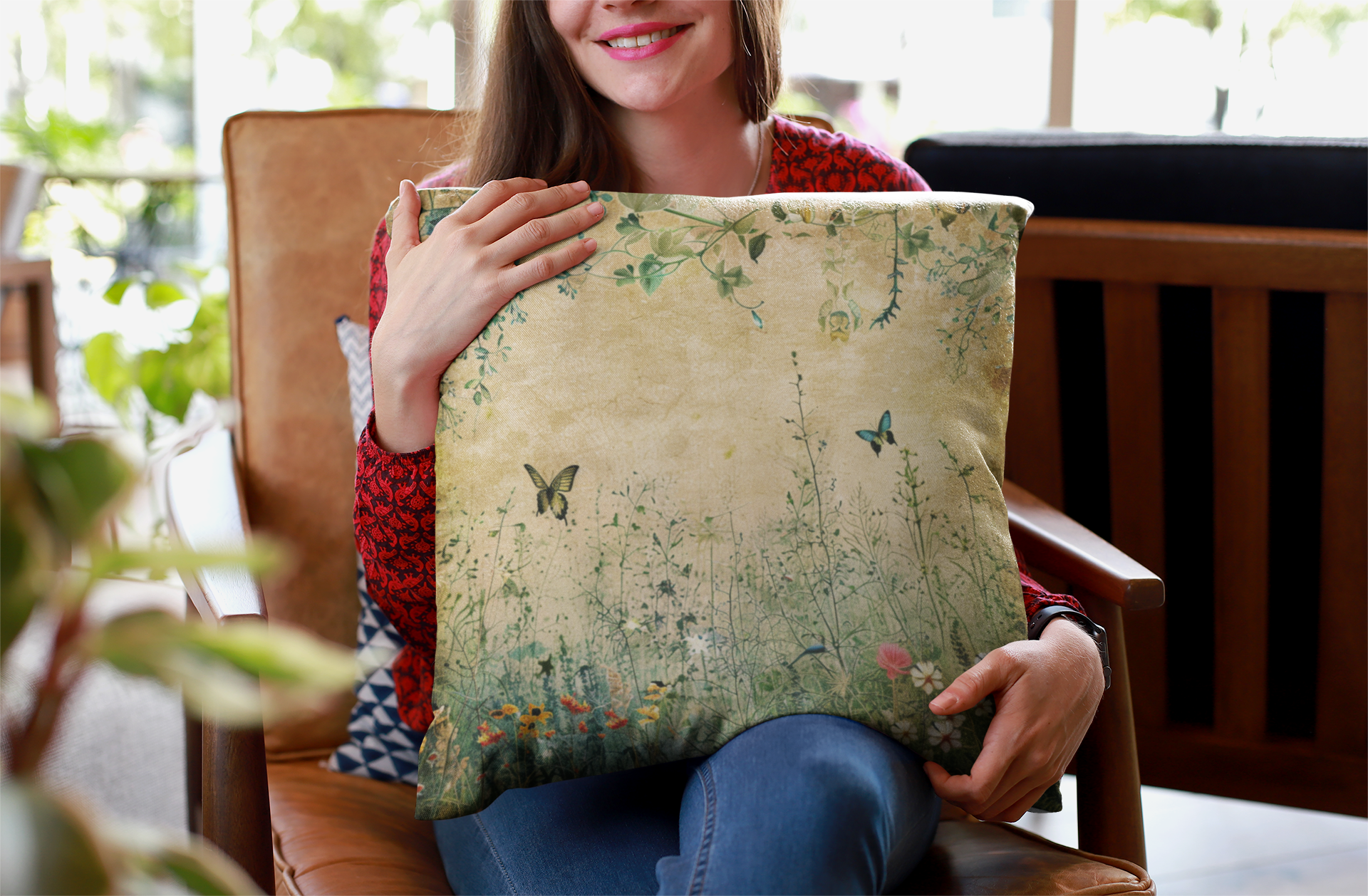 Person holding a decorative pillow with floral and butterfly pattern in a home setting.