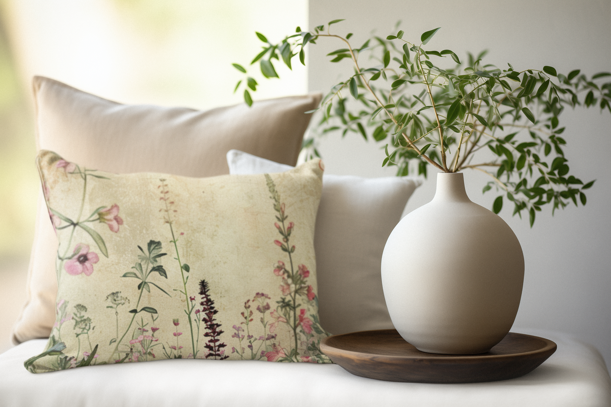Decorative pillow with floral pattern and a vase with greenery on a surface.